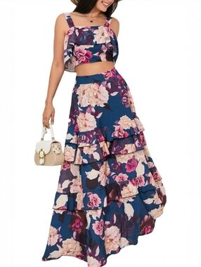 Womens Floral Dress Set Ruffle Sleeveless Crop Top Tiered Layer Maxi Skirt Large